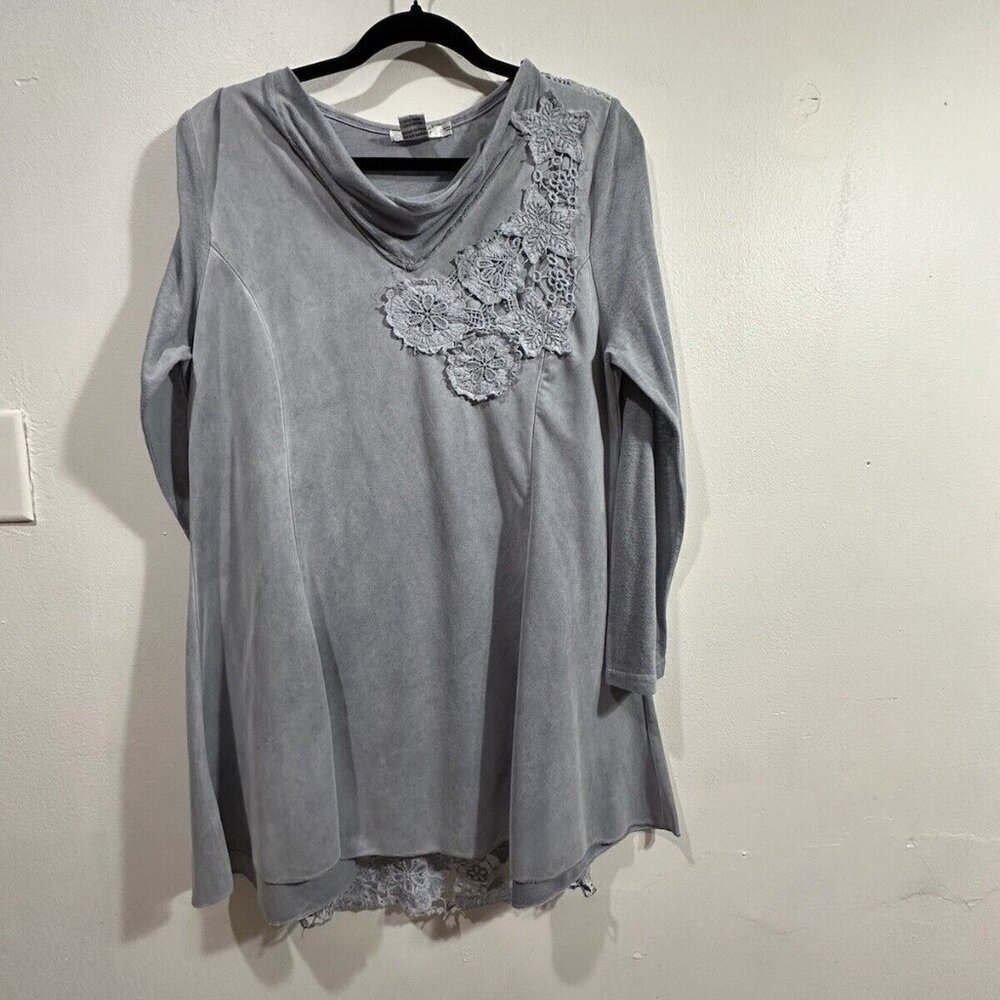 Feratelli Women's Boho Art Top Gray Long Sleeve Tunic Style Lace Crochet SZ M - Picture 4 of 16